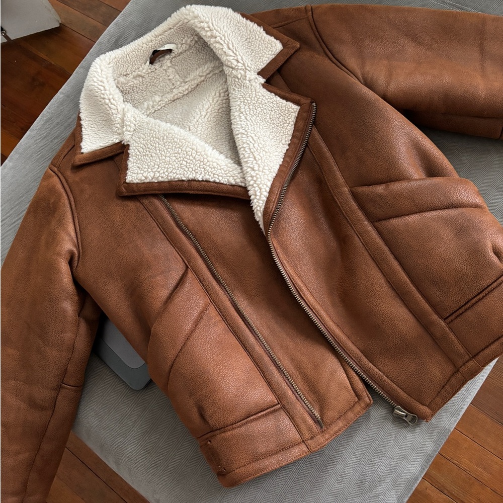 Zara Brown Teddy Lined Faux-Suede Jacket with Cream Sherpa Collar
